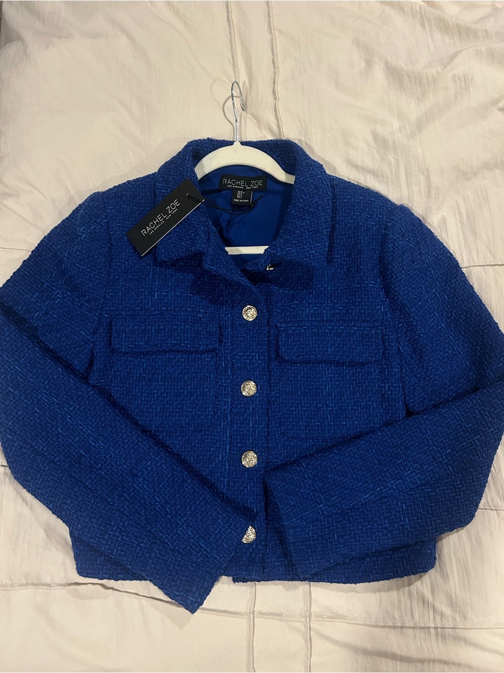 Rachel Zoe Cobalt Tweed Button-Front Jacket